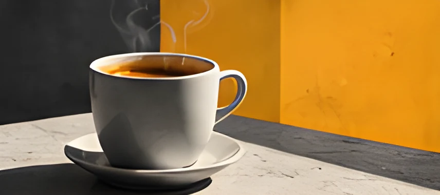 Una tazza di caffè su un blocco di cemento, sfondo giallo