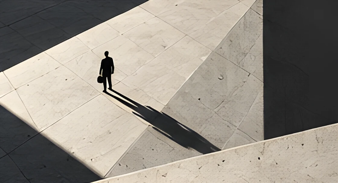 Una persona attraversa da sola una piazza di cemento